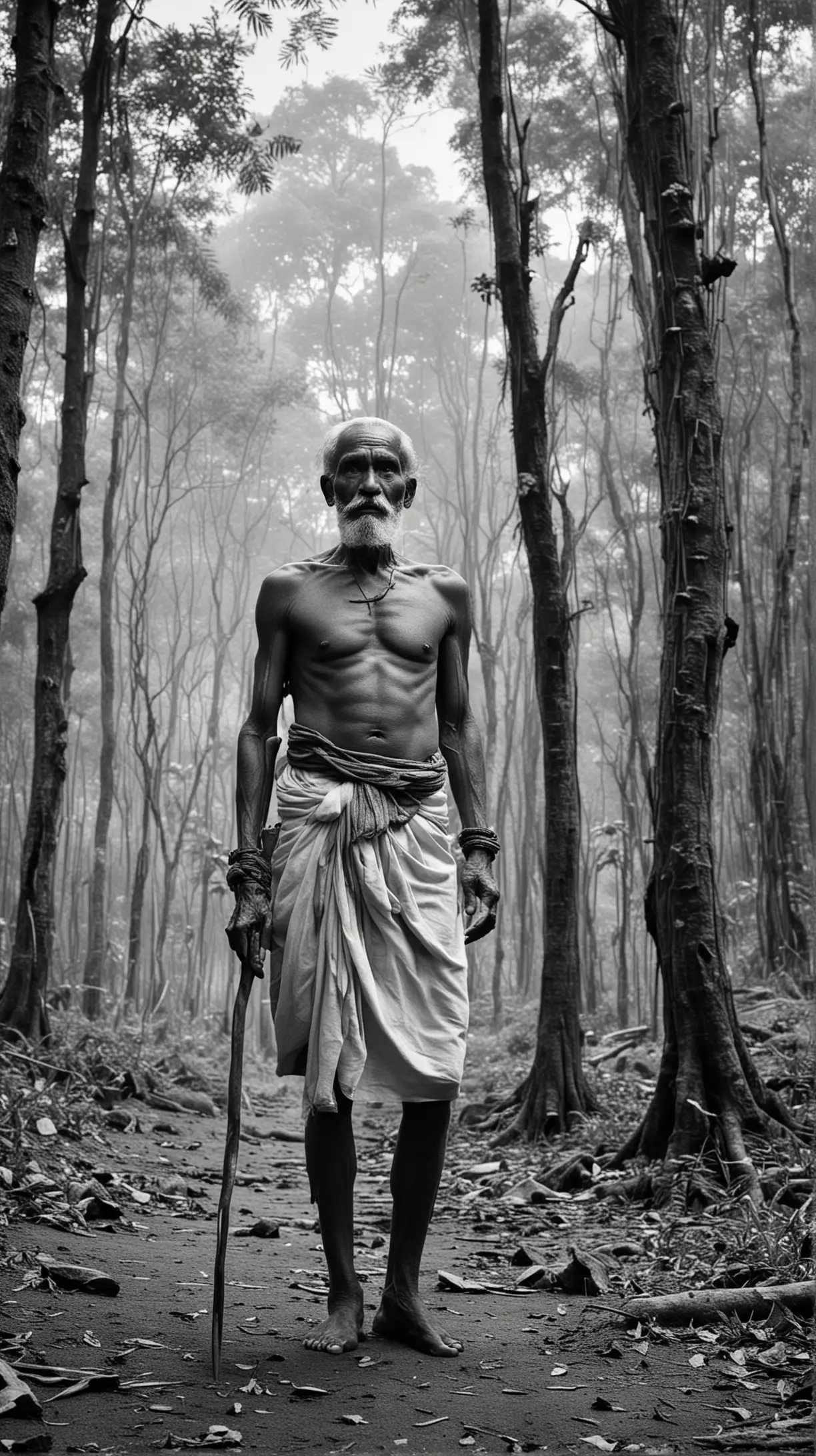 Old Tribal Warrior in Kerala Forest Gazing at the Hills in Monochrome