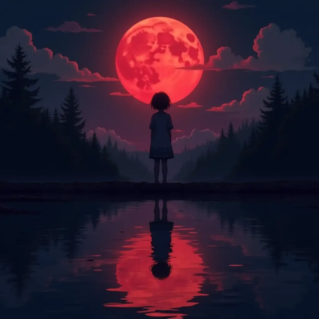 I would like an image of an anime character standing in front of a lake with red moonlight reflecting on it