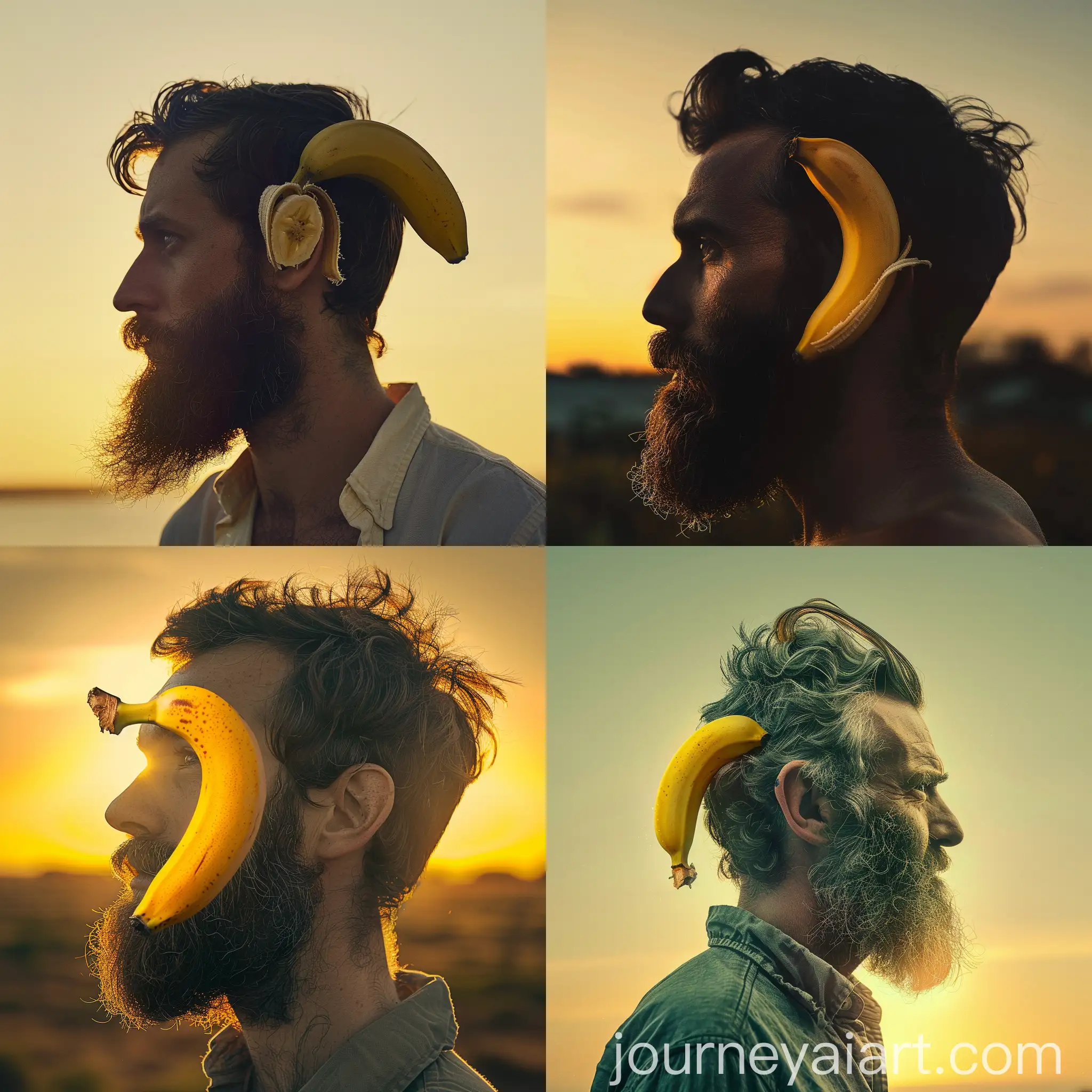 Man-with-Beard-Holding-Banana-in-Ear-at-Sunset