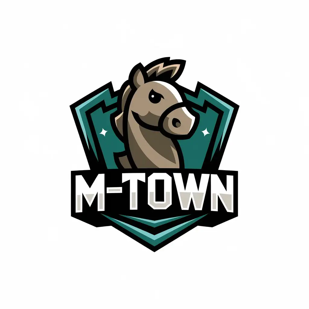 a vector logo design,with the text "M-TOWN", main symbol:Little horse, game, shooting,complex,be used in Entertainment industry,clear background