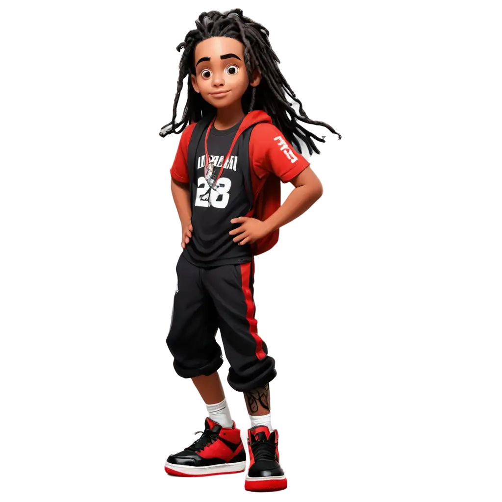 Cartoon-Indian-Boy-Kid-with-Dreadlocks-and-Vaishnav-Tilak-Wearing-Nike-Jordan-Black-Cement-Shoes-PNG-Image