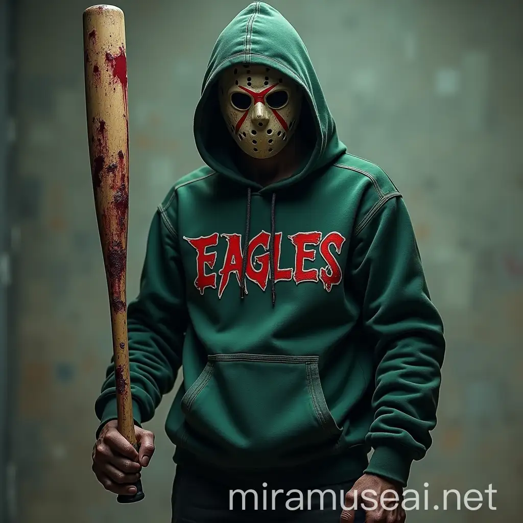 Menacing Horror Movie Villain in EAGLES Hoodie with Bloodstained Baseball Bat