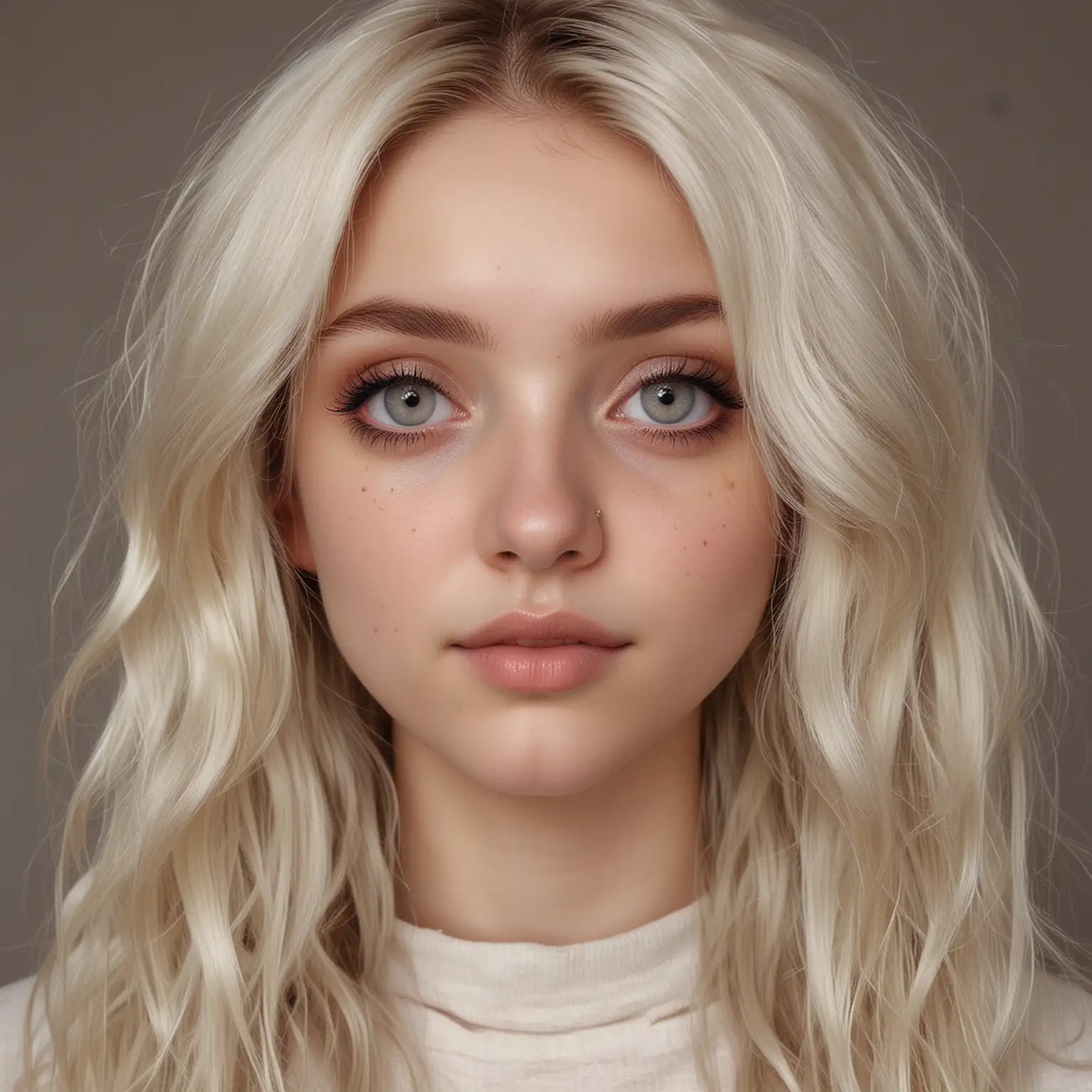 Oval face, soft defined features, platinum blonde voluminous slightly messy hair, shoulder-length wavy, high smooth forehead, large bright eyes, (((silver eye color))), long and thick eyelashes, dark defined eyebrows, slim straight nose ((((silver crescent-moon nose piercings)))), natural rosy cheeks, full pink lips, gentle proportioned chin, slender well-proportioned neck, slender athletic figure, 1.75 m tall, proportionally shaped breasts, flawless fair skin, evenly tanned.