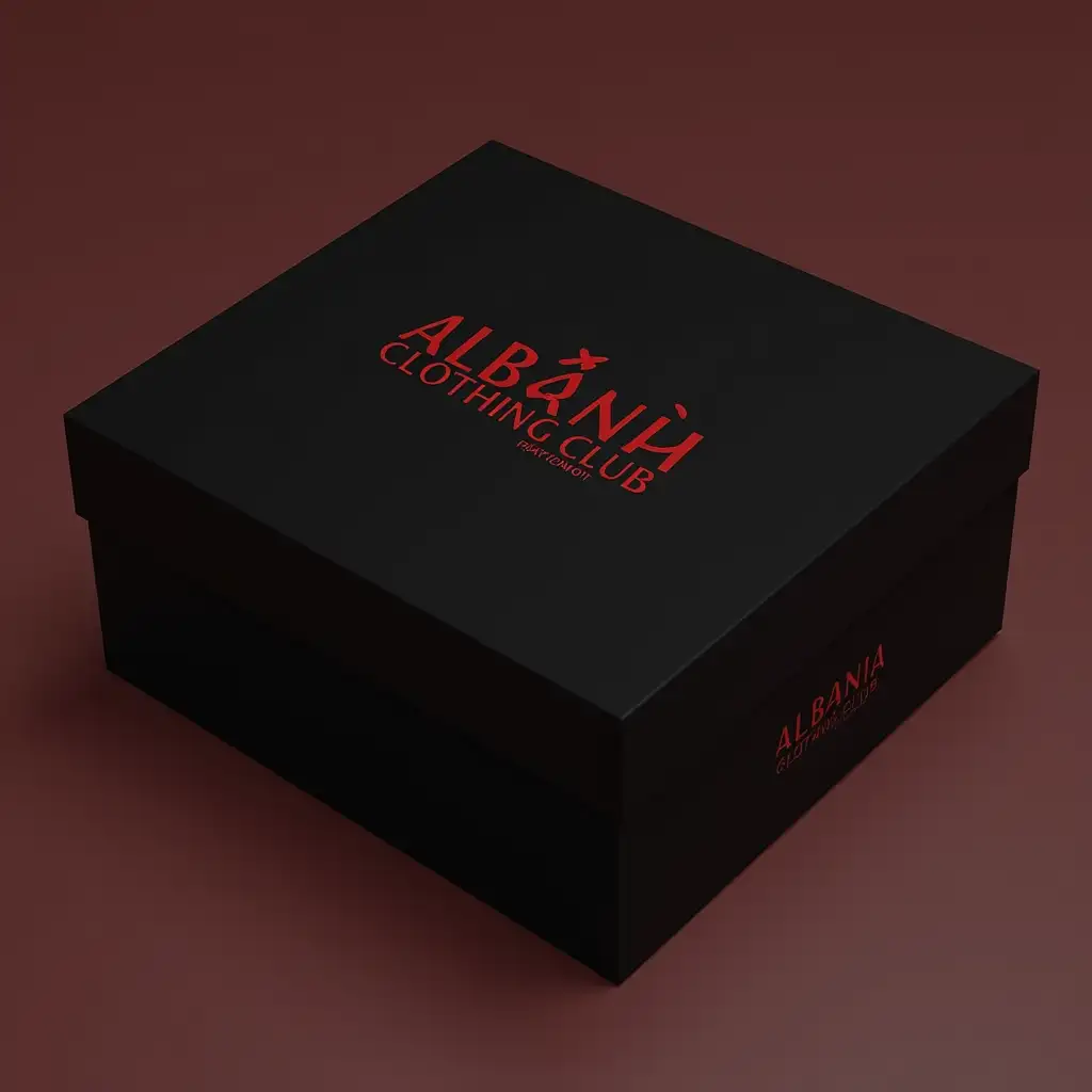 I need a design for a box that I will use for my business. That box need to include a mix between black and red color that personify my brand. Name of brand is Albania Clothing Club. I would need a mix between modern and stylish. Ideally the box need to be black with a minimalist intervention of red color.