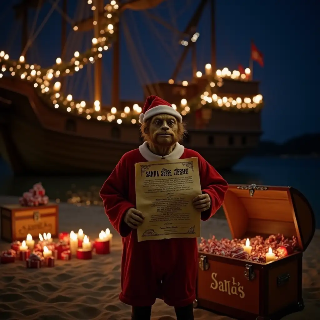 Sloth-from-The-Goonies-in-Santa-Costume-on-Pirate-Ship-Deck-at-Christmas