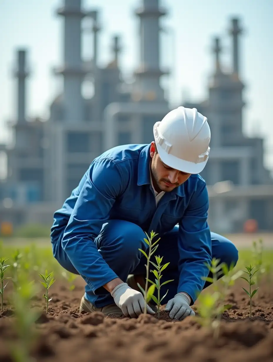 Young Iranian male petrochemical employee wearing blue suit and white hat planting tree seedlings in petrochemical plant and petrochemical background