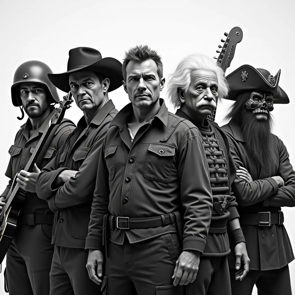 B&W realistic image of 5 characters facing the viewer, a soldier with a helmet and electric guitar in one hand, a man with a cowboy hat, a samurai warrior with a samurai armor and samurai mask, Albert Einstein holding drum sticks in his hand, a pirate. All characters look at the viewer, they are side by side and we see them well, they have an intimidating facial expression, granular picture, the samurai's guitar is on his back like a katana, the samurai is Asian looking and wears a samurai helmet and a samurai mask