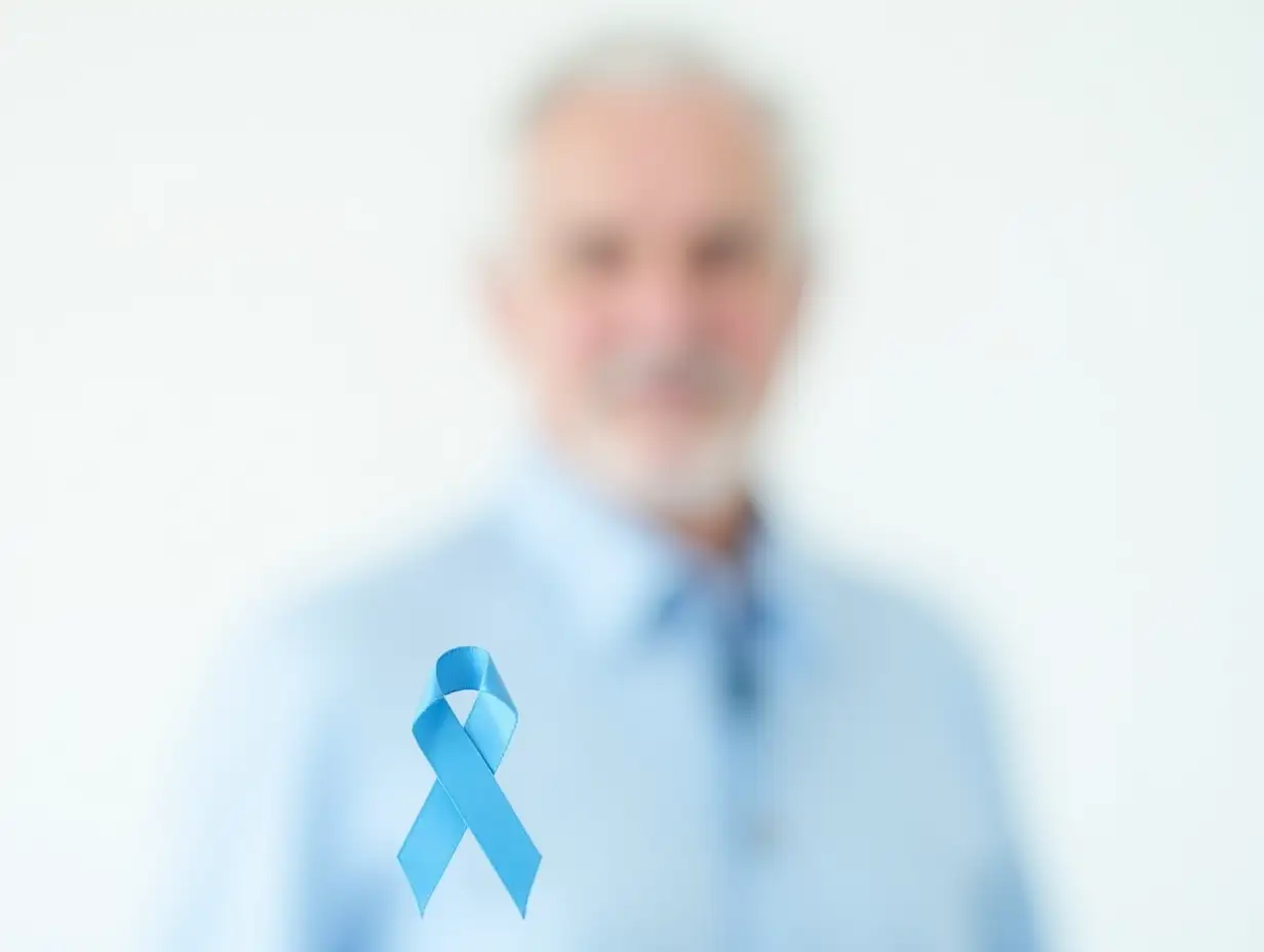 Mature man with blue ribbon on white background. Urological cancer awareness