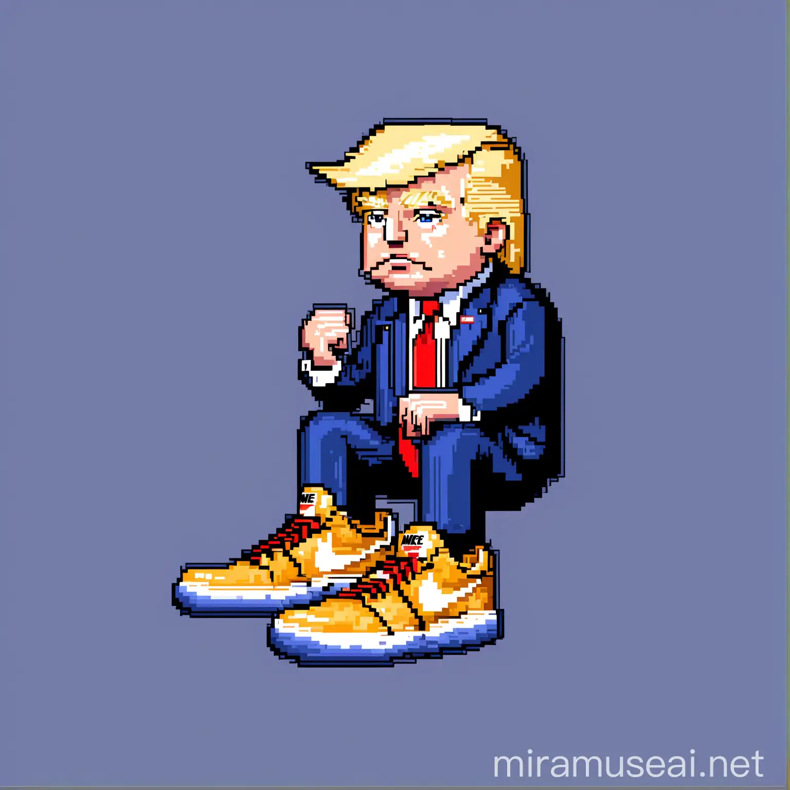 Donald Trump in Pixel Art Style Wearing Nike Sneakers and Holding Bitcoin