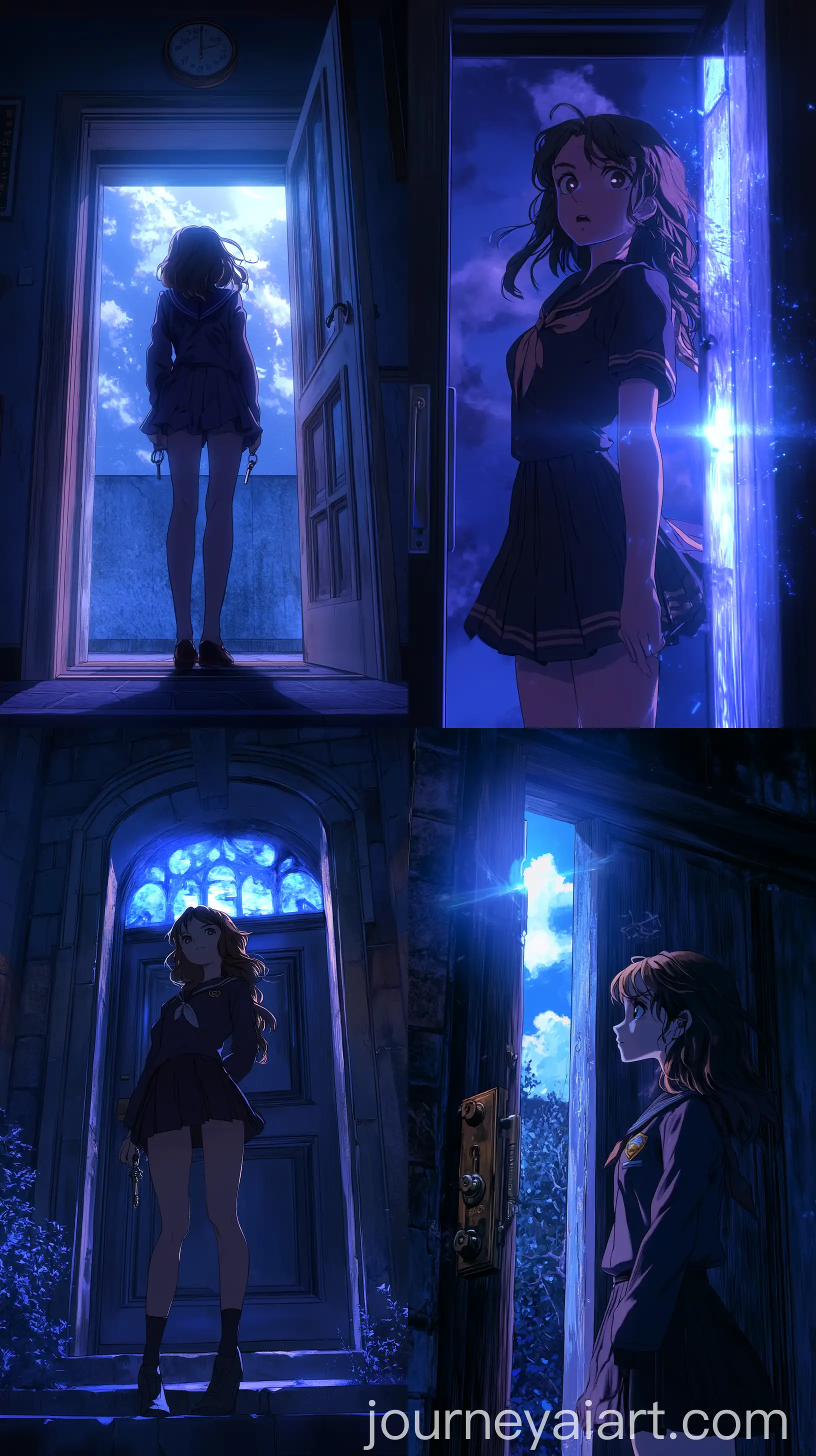 Determined-Teen-Girl-with-Key-Facing-Cinematic-Blue-Door