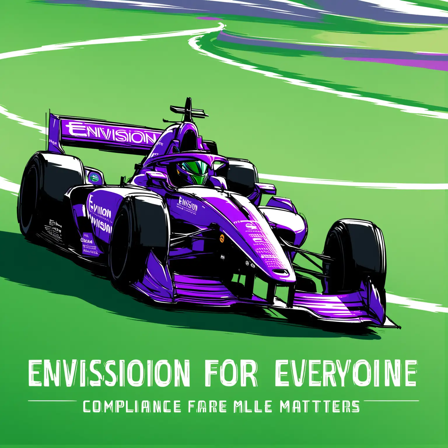 windmill, electric powered formula racing car (green, purple, text: ENVISION), image title(Discipline for everyone, compliance for all matters)