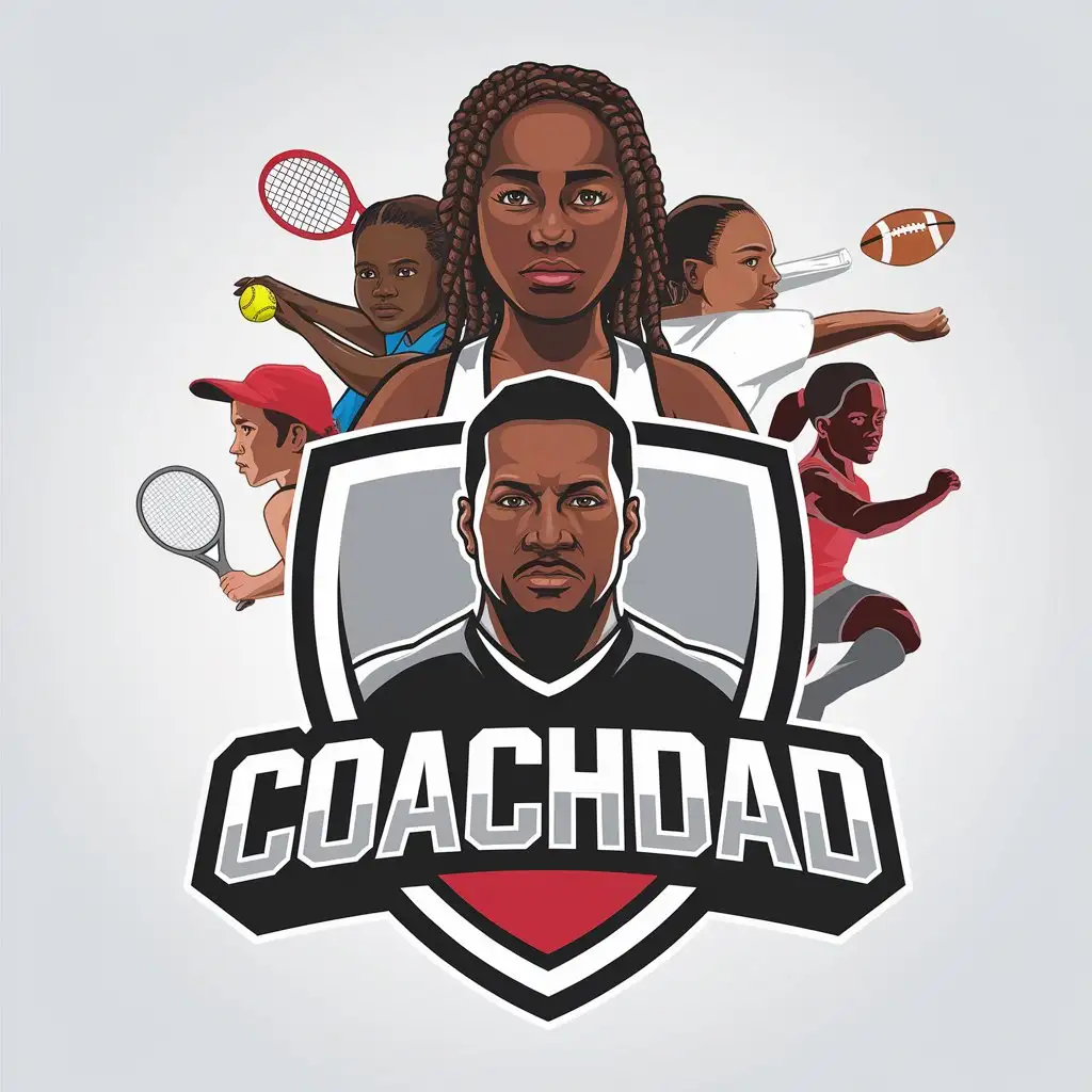 LOGO Design for CoachDad Black Man with Daughter in Shield for Sports Fitness