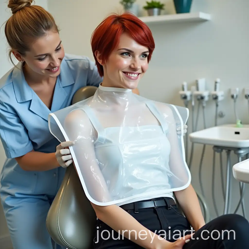 Red-Haired-Woman-in-Dentists-Chair-with-Dental-Assistant-Placing-PVC-Mealtime-Bib
