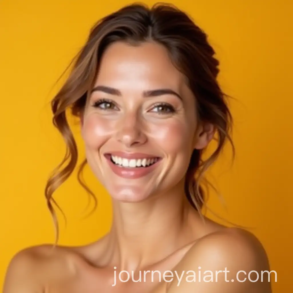 Radiant-36YearOld-Woman-with-Glowing-Skin-in-Luxurious-Yellow-Background