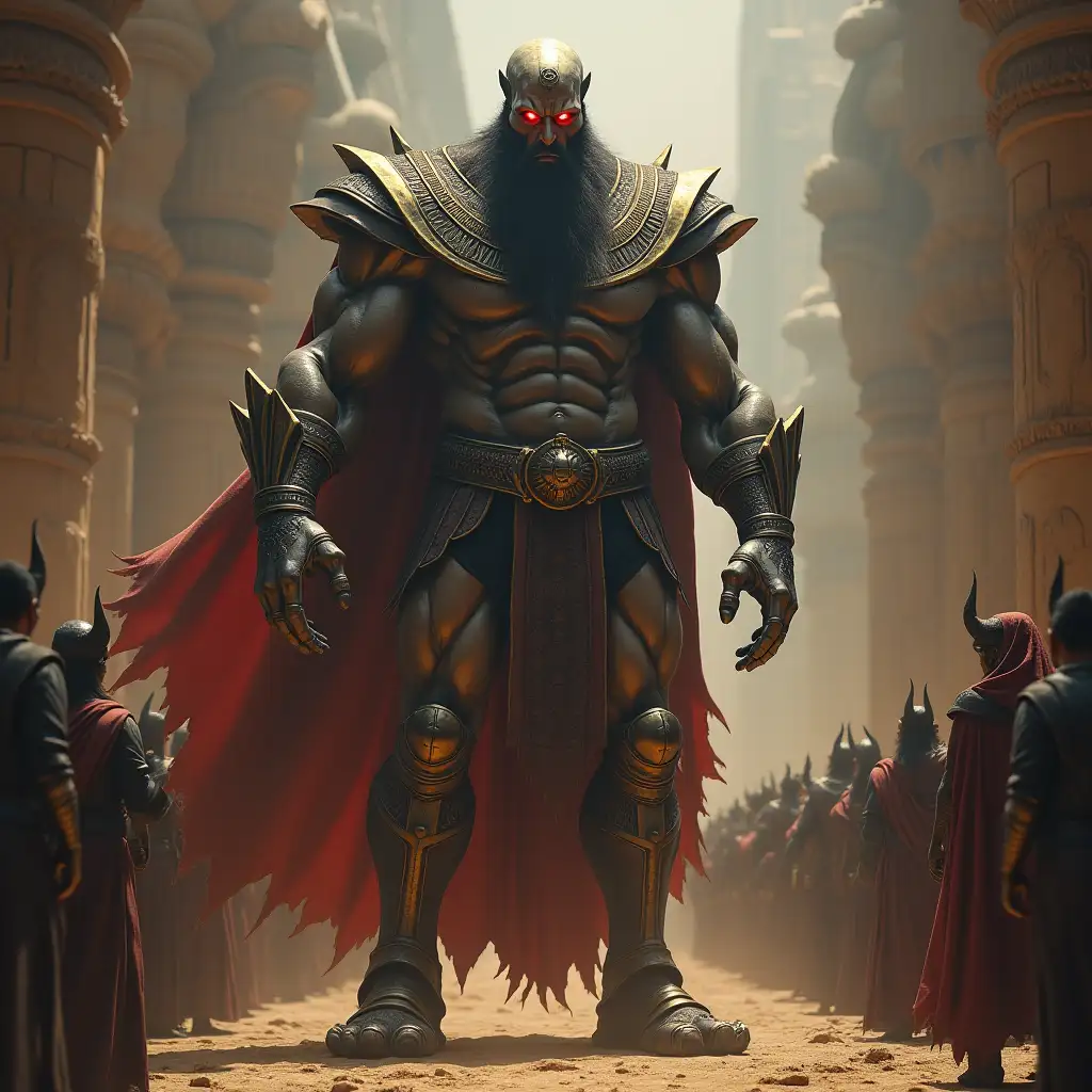 Man Titan with dracula head glowing red eye,mustag beard 10 meters tall with muscles,metal shoes with many people in Egyptian