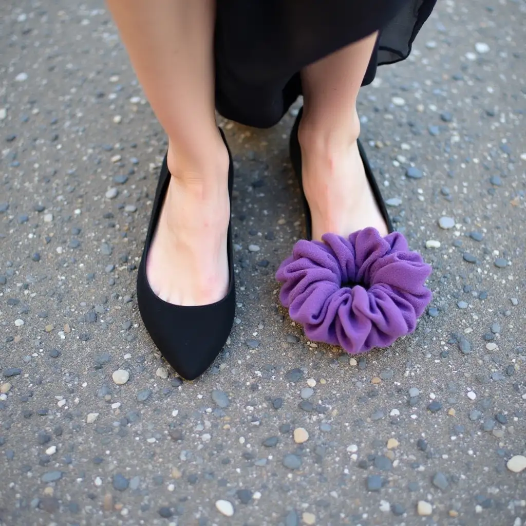 Womans-Black-Ballet-Flats-and-Purple-Hair-Scrunchie-on-Pavement