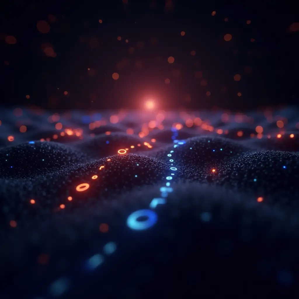 3D animations showing binary code evolving into quantum states with glowing qubits