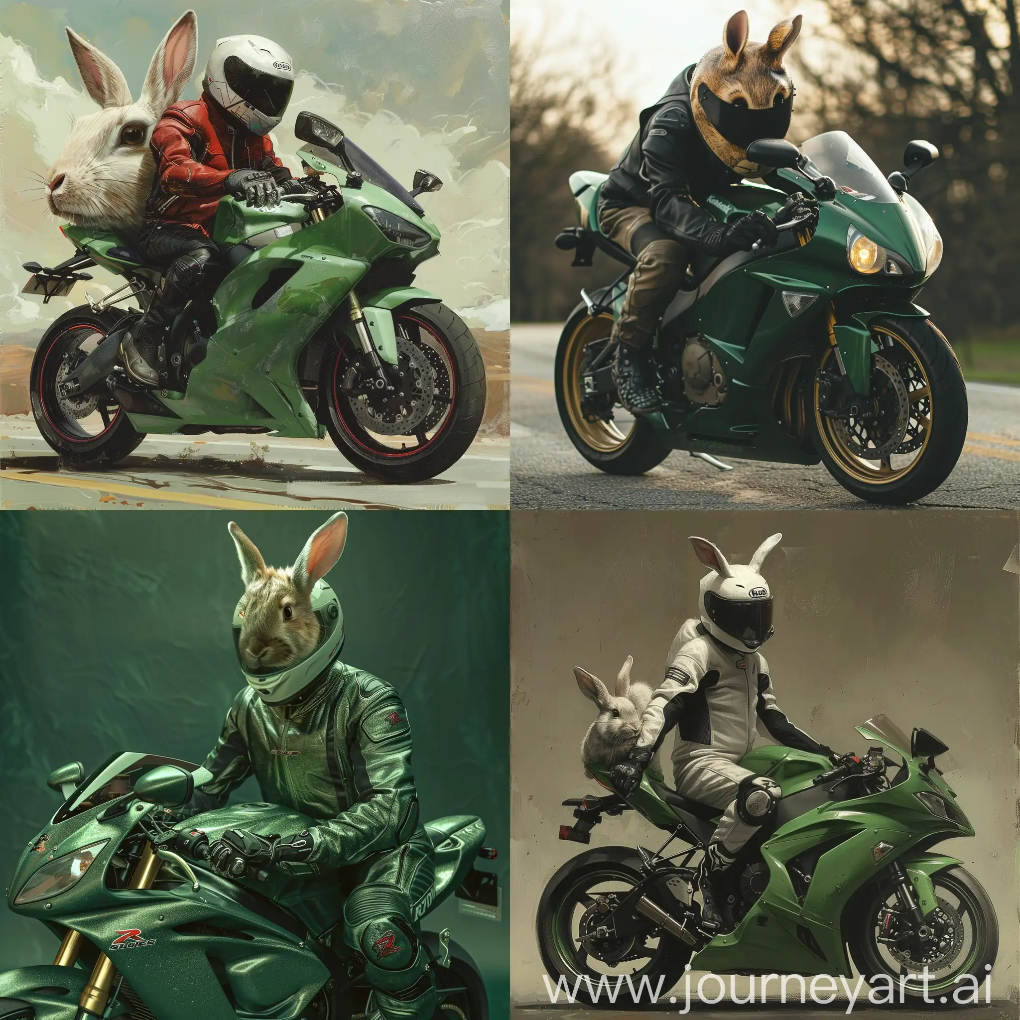 RabbitHeaded-Motorcyclist-on-Green-Sportbike