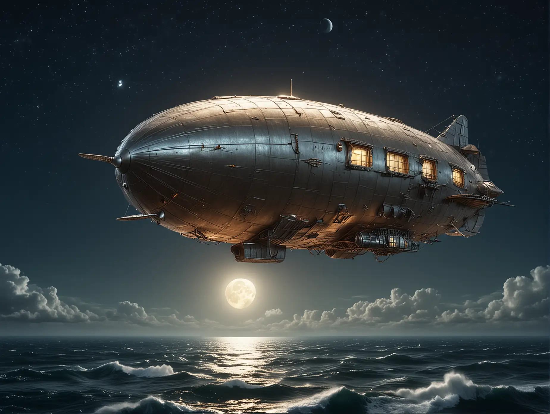 A very small, sleek, fabulous metal airship with an open upper deck flies over a sea at night. The full moon shines in the sky. There is a large glass window in the nose.