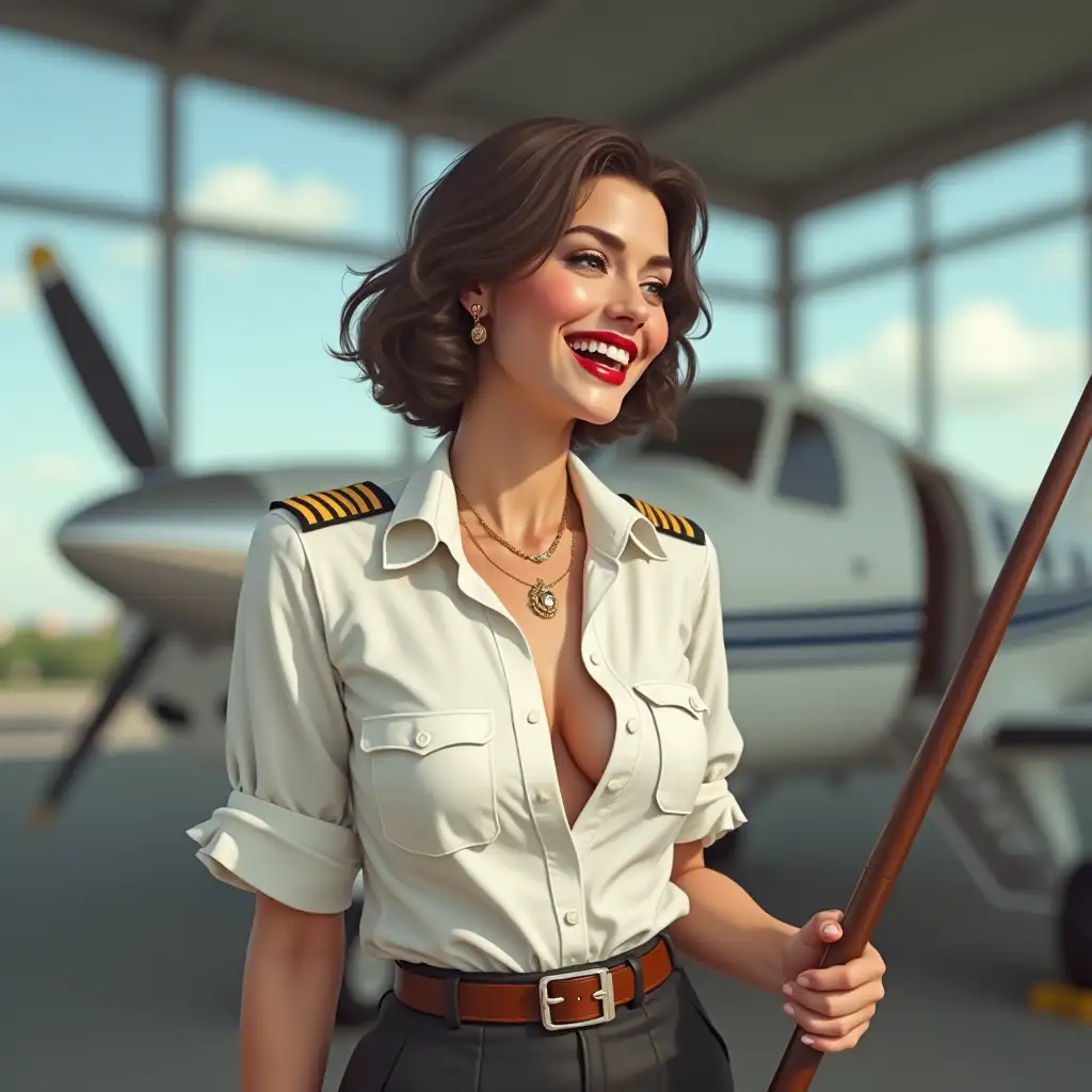 american lady , in white    deep-necked pilot uniform  shirt, decolte, short sleeves, laughing with her mouth open, red lipstick accentuating her smile,belt on waist, big wide hips, chest are fully grown, jewerly,  holds long riding crop,   short hair, HD, airport, photo-realism