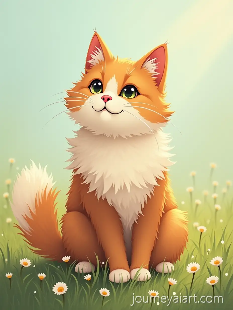Fluffy-Cat-Sitting-in-Grass-Surrounded-by-Daisies-in-a-Realistic-Style-Illustration