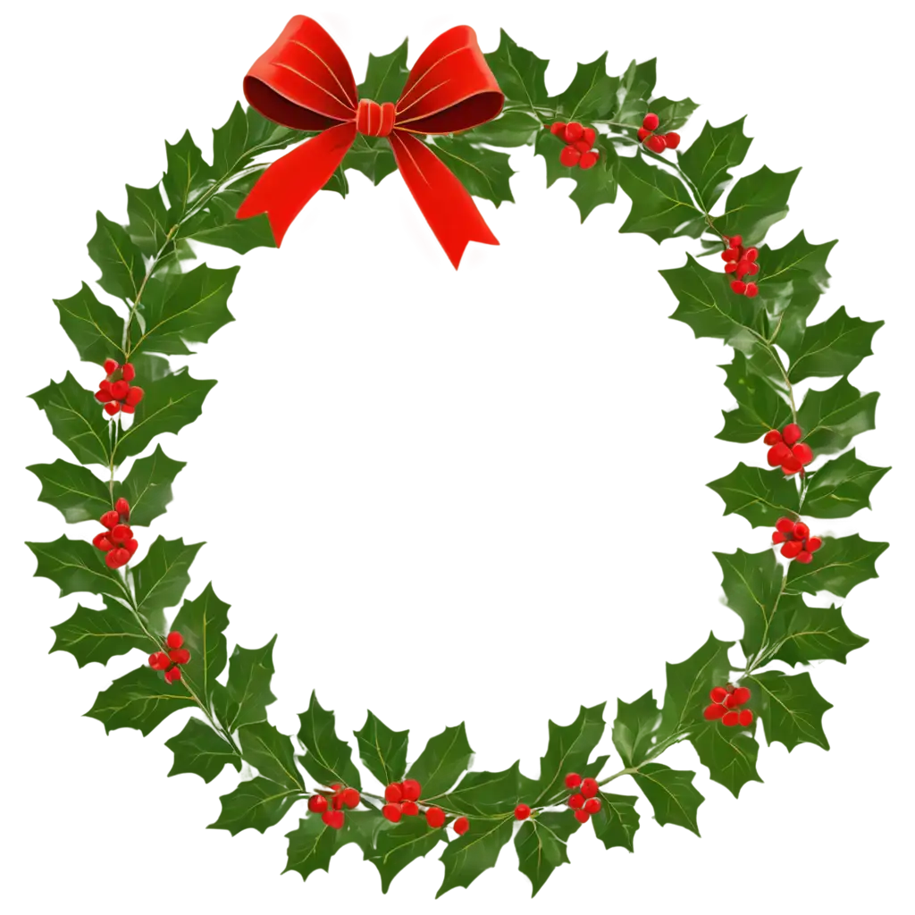 Simple vector illustration of a festive Christmas wreath made of green holly leaves, decorated with red berries and a red bow, on a plain white background