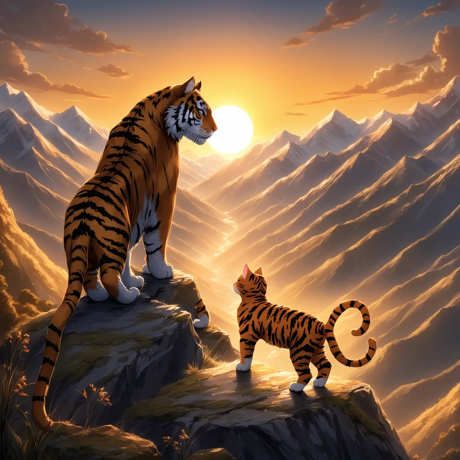 Cat-Holding-Tiger-in-Mountains-with-Setting-Sun