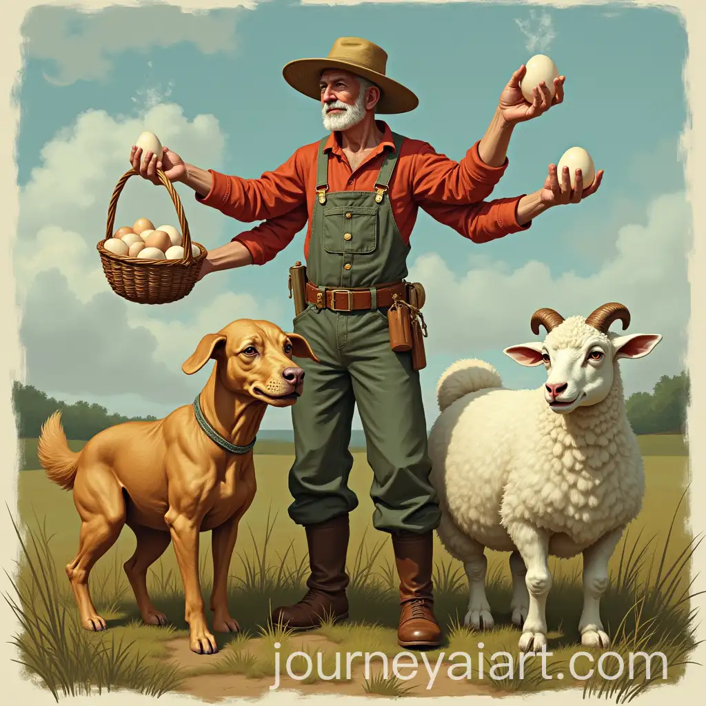 ThreeArmed-Farmer-with-Basket-of-Eggs-Beside-Unique-Animals