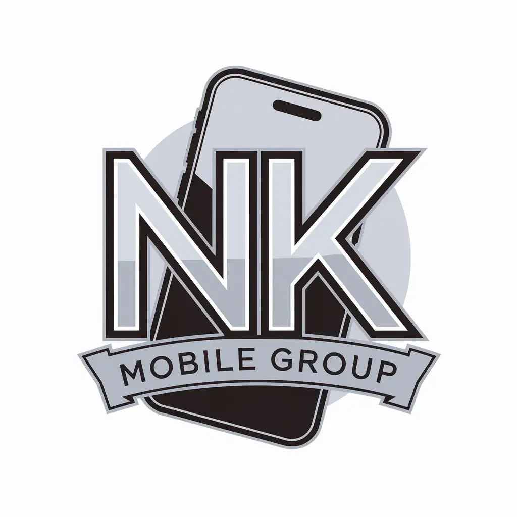 a vector logo design,with the text "NK Mobile Group", main symbol:The symbol of our store is two uppercase letters NK, followed by 'Mobile Group' written below. A smartphone should be behind the name. The logo should be done in light tones.,complex,clear background