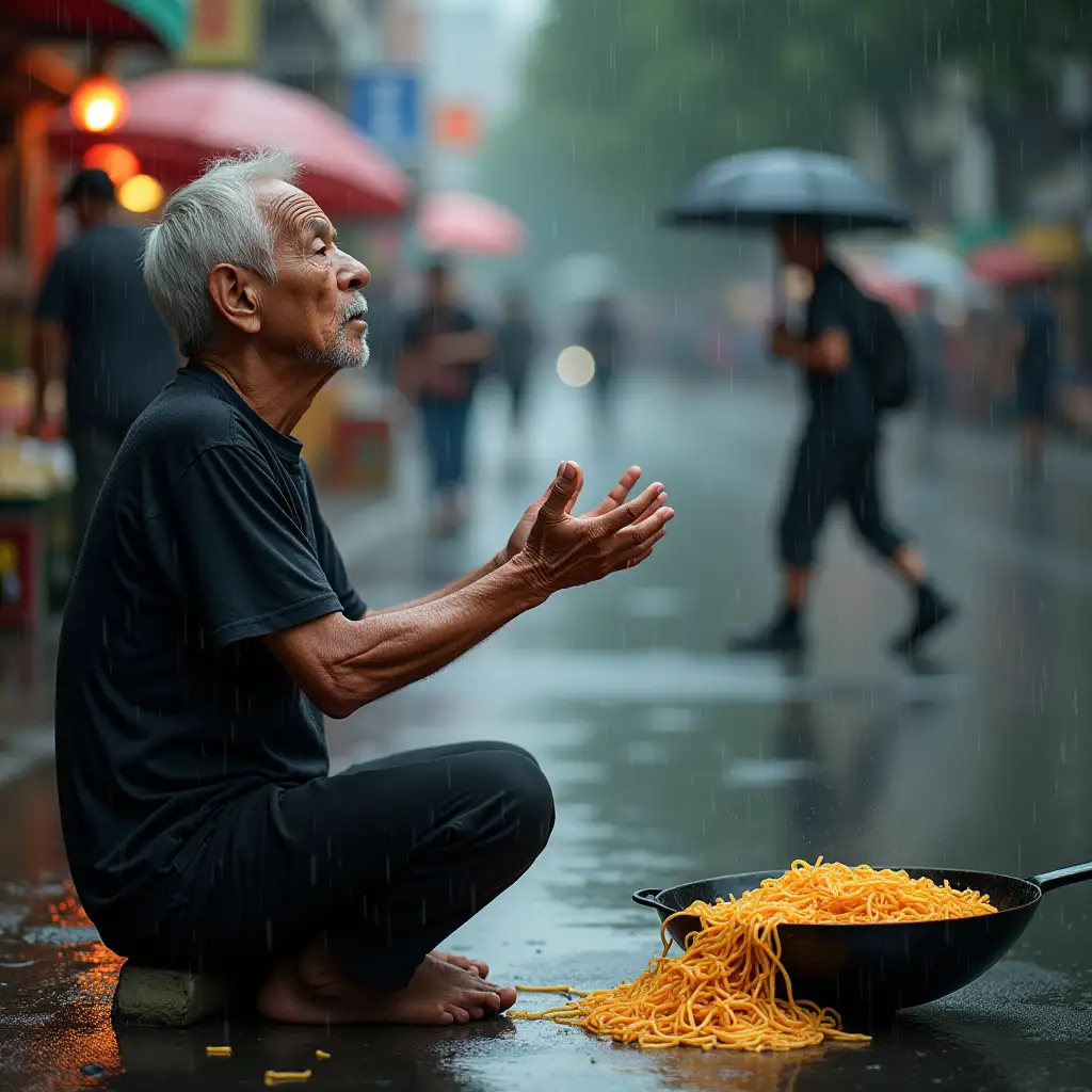 A disabled elderly man, wearing a black T-shirt and black pants, was sitting on the road, begging for alms. He raised his hands and looked up, pleading for forgiveness from a fried noodle seller at the market as his face was drenched in heavy rain. A wok containing spilled fried noodles could be seen on the road.