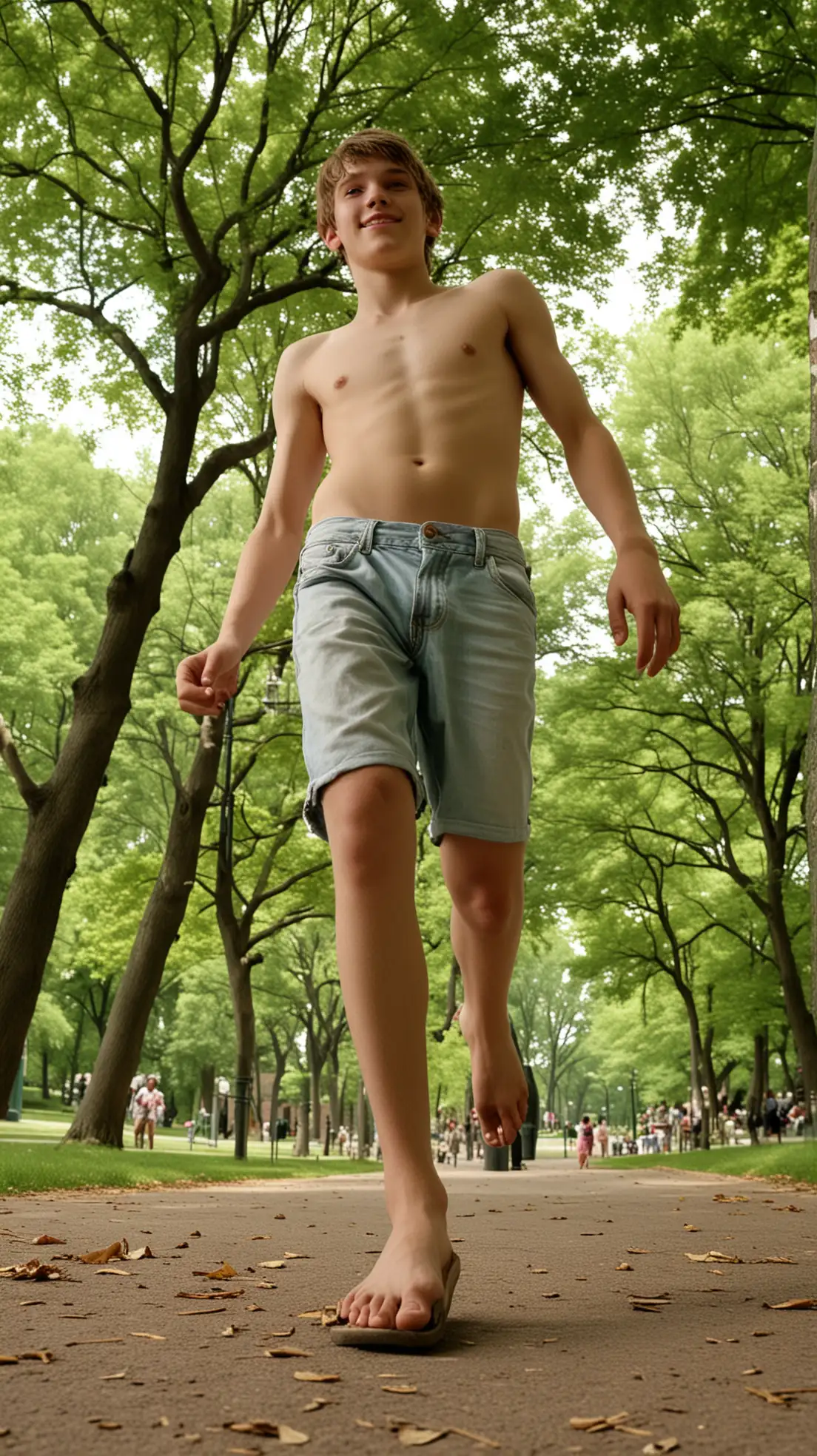 Low angle An 18-year-old teen boy walks confidently unclothed at a bustling public park. The camera captures him from below, emphasizing his graceful stride. The scene is vibrant and lively, with a sense of carefree summer joy.