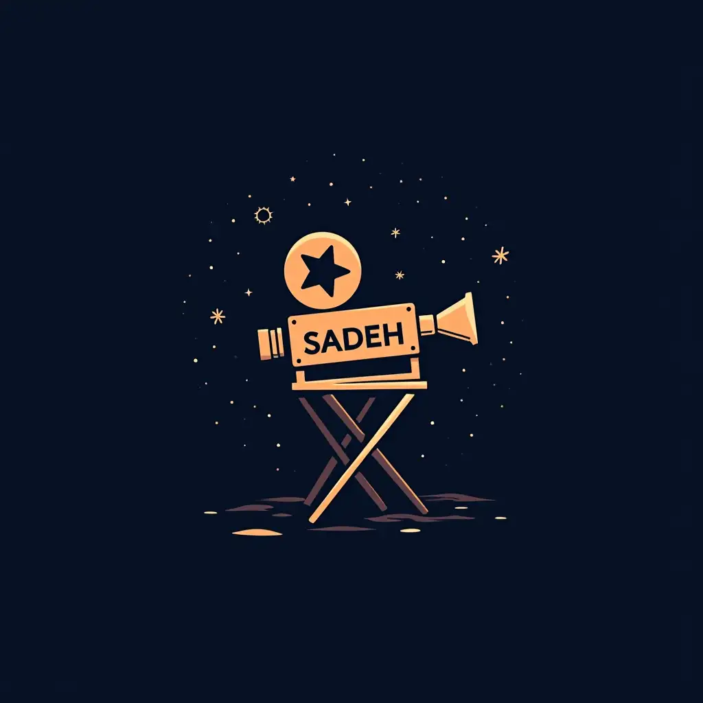 LOGO FOR Sadeh art group, with symbol of film camera, the name of the group should be in logo, night sky and director's chair