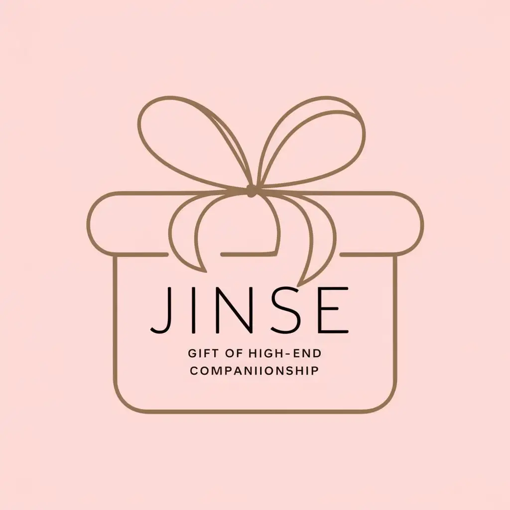 a vector logo design,with the text "Jinse", main symbol:A delicate gift box shape, with smooth and beautiful lines, using light pink as the main color tone, a gold ribbon tied around the gift box, folded into an elegant butterfly knot. On the front of the gift box, written in simple and artistic font is ‘Gift of high-end companionship’,Moderate,be used in souvenir industry,clear background