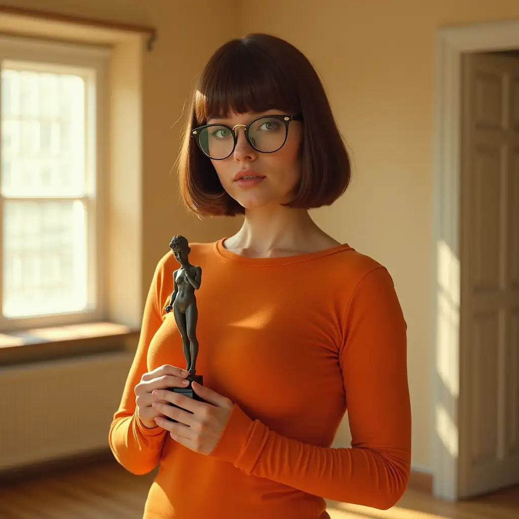 Velma Dinkley, a woman of around 25, stands in a wide, sunlit room.  Her most striking feature is her intelligence, evident in her bright eyes and thoughtful expression.  She has a straight nose and a sleek, brown bob, curved and slightly asymmetric, parted to one side. She is wearing glasses. The lower portion of her hair has an intriguing, almost sculpted asymmetry.  Velma has a solid, full figure, and wears a simple orange t-shirt. F Cup breast size. She stands in a relaxed, almost star-like pose, balancing her weight evenly. On her feet are a pair of unexpectedly stylish, orange shoes and thick long orange socks. Soft, warm sunlight streams through a nearby window, illuminating her face and highlighting her features. She holds a small statue of a human body (thin statue) with both hands, cradling it from below, her gaze direct and engaging as she looks towards the camera. The scene is captured with the clarity and detail of an iPhone 15 camera, with cinematic lighting, high brightness, and natural HDR, creating a high-definition, full-body photograph that emphasizes Velma's intriguing presence.