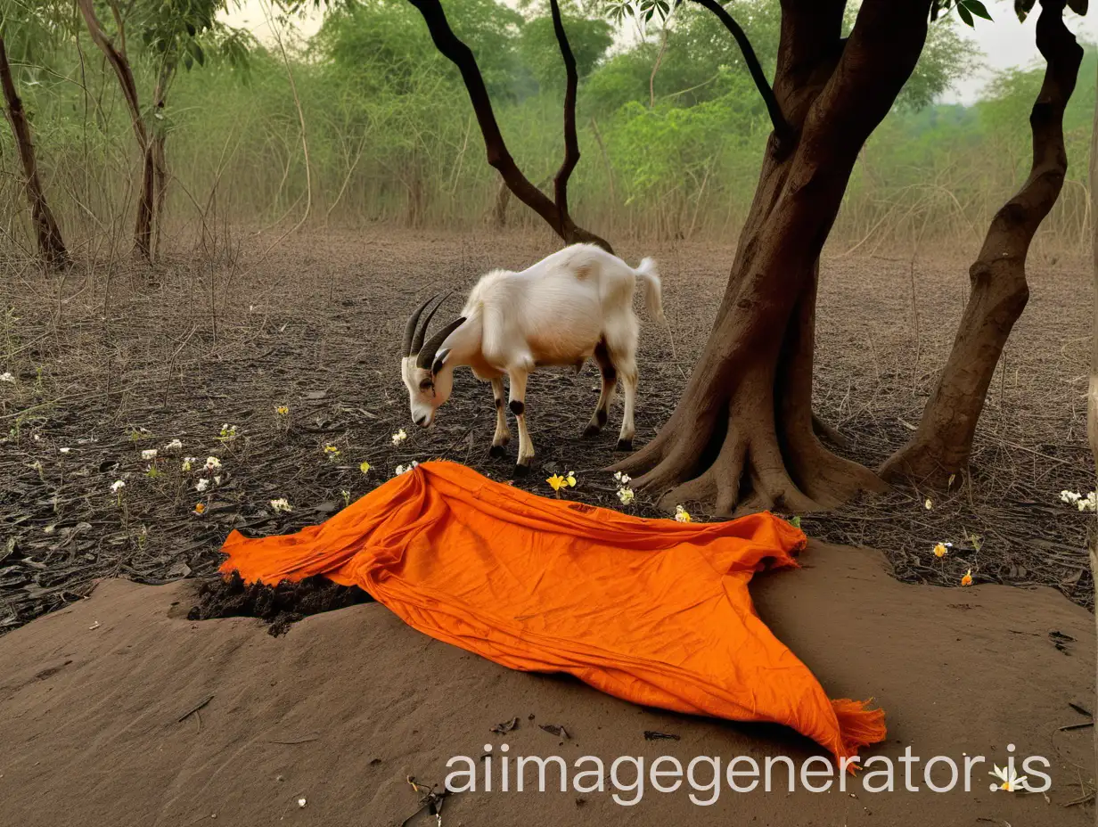 Morning-Scene-in-an-Indian-Dense-Forest-with-Goat-and-Orange-Cloth