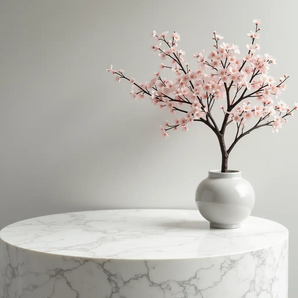 standing on a smooth marble counter, surrounded by a cherry tree, against a background of a delicate gray shade, minimalism is a real photo