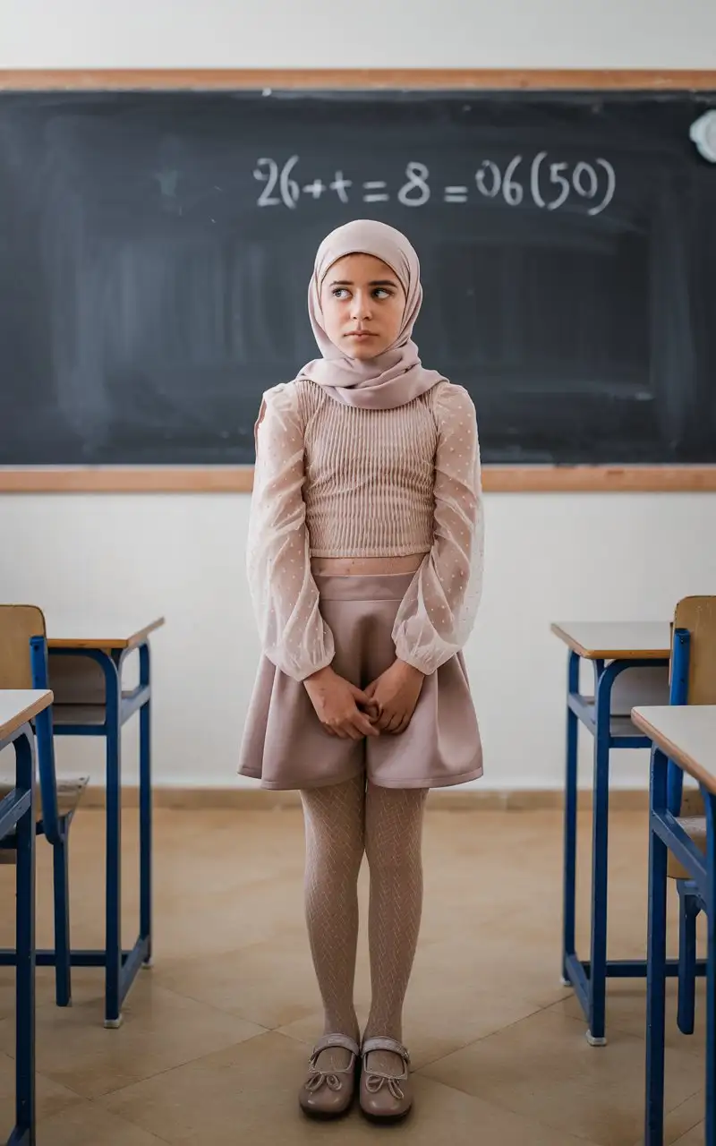 Young-Girl-in-Hijab-Struggling-with-Math-Equation-in-Classroom