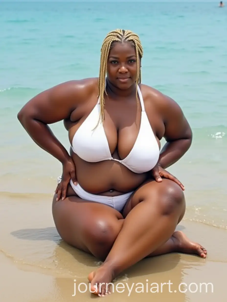 Confident-Tall-Black-Woman-in-White-Swimsuit-Relaxing-on-the-Beach