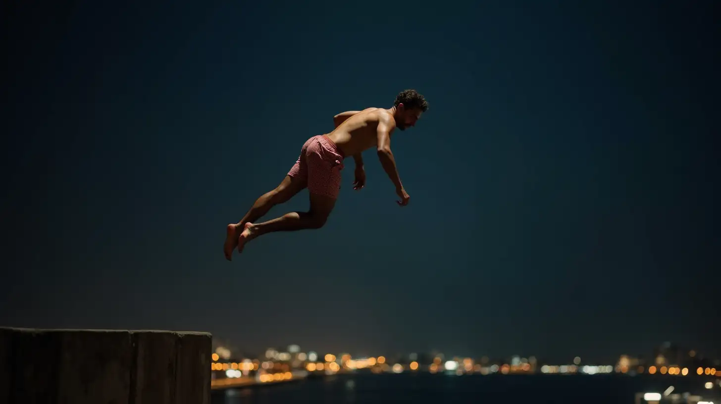 Shirtless Man in Shorts Night Jumping from Ledge