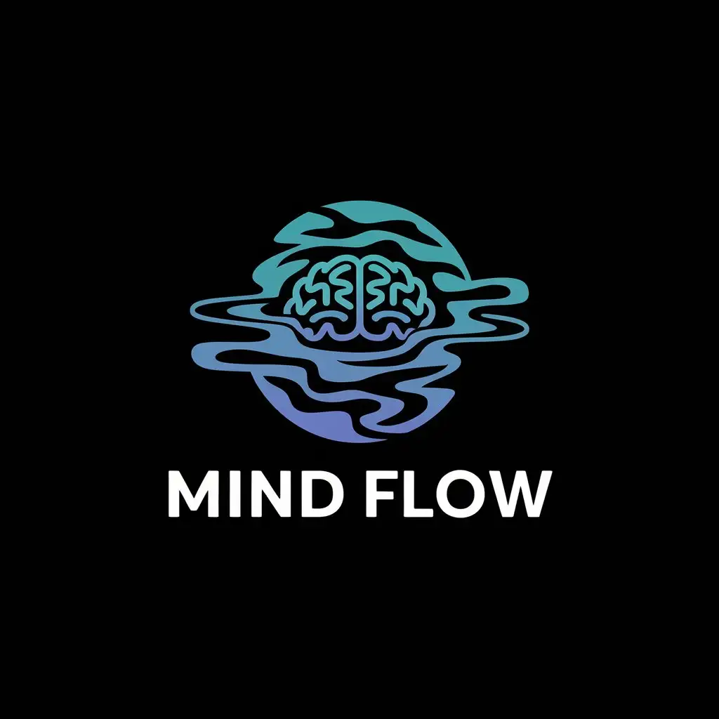 LOGO Design for Mind Flow Black Background with Water Flow and Brain Symbolism