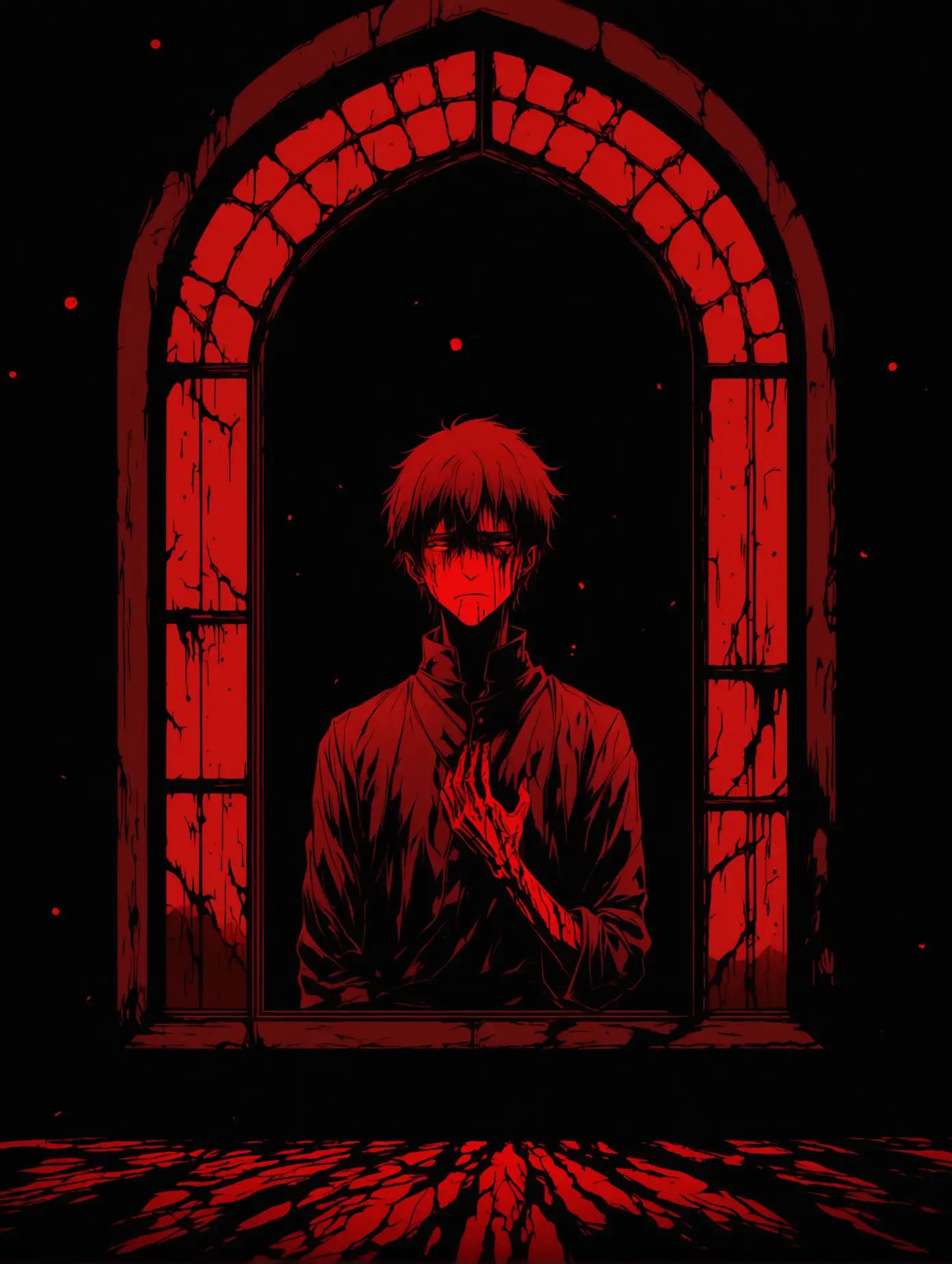 A dark and dramatic anime-style illustration, featuring a melancholic male character with a sorrowful expression, leaning against a large gothic window. The window is framed with black, and the glass reflects a glowing red light. The character’s hand is bloody and glowing red, symbolizing inner turmoil and pain. The background is minimalistic, with a solid crimson red color. Japanese text is elegantly placed vertically on the left side, and additional stylized text is at the bottom, creating a cinematic poster-like composition. The mood is emotional, intense, and mysterious.