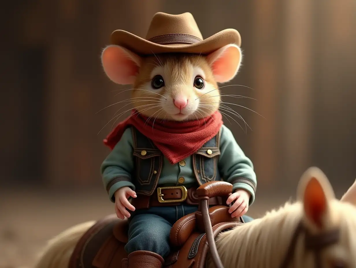 Mouse dressed in the style of a cowboy sitting in a saddle on a cat, photo realism, background from a western, excellent quality