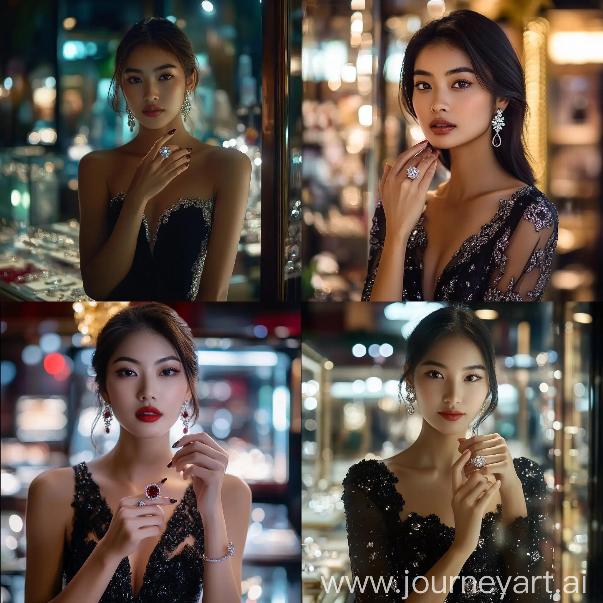 Elegant-Asian-Woman-in-Black-Evening-Dress-Showing-Diamond-Ring