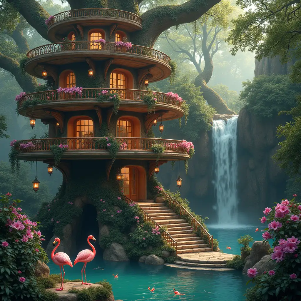 Create an image of a large and luxuriously furnished treehouse with many round stairs and many terraces with orchids as hanging plants, a pond with flamingos in the water, a waterfall and dragonflies, fireflies and a beautiful princess in photo-realistic detail of parts and lighting.