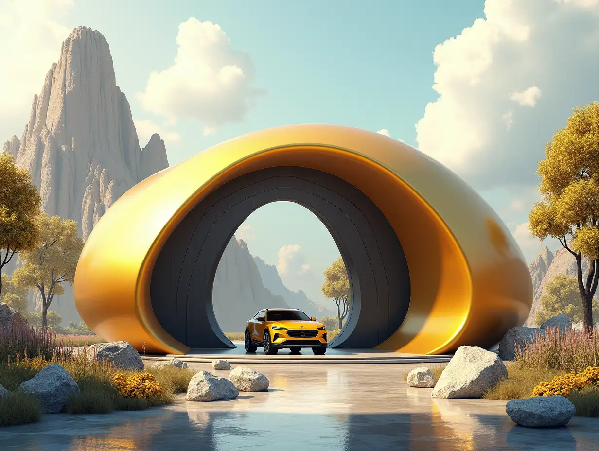 Create a high-resolution realistic image in 4k resolution a futuristic gold with black building with curved pillars,trees,rocks flowers a futuristic yellow vehicle with glass window cloudy sky