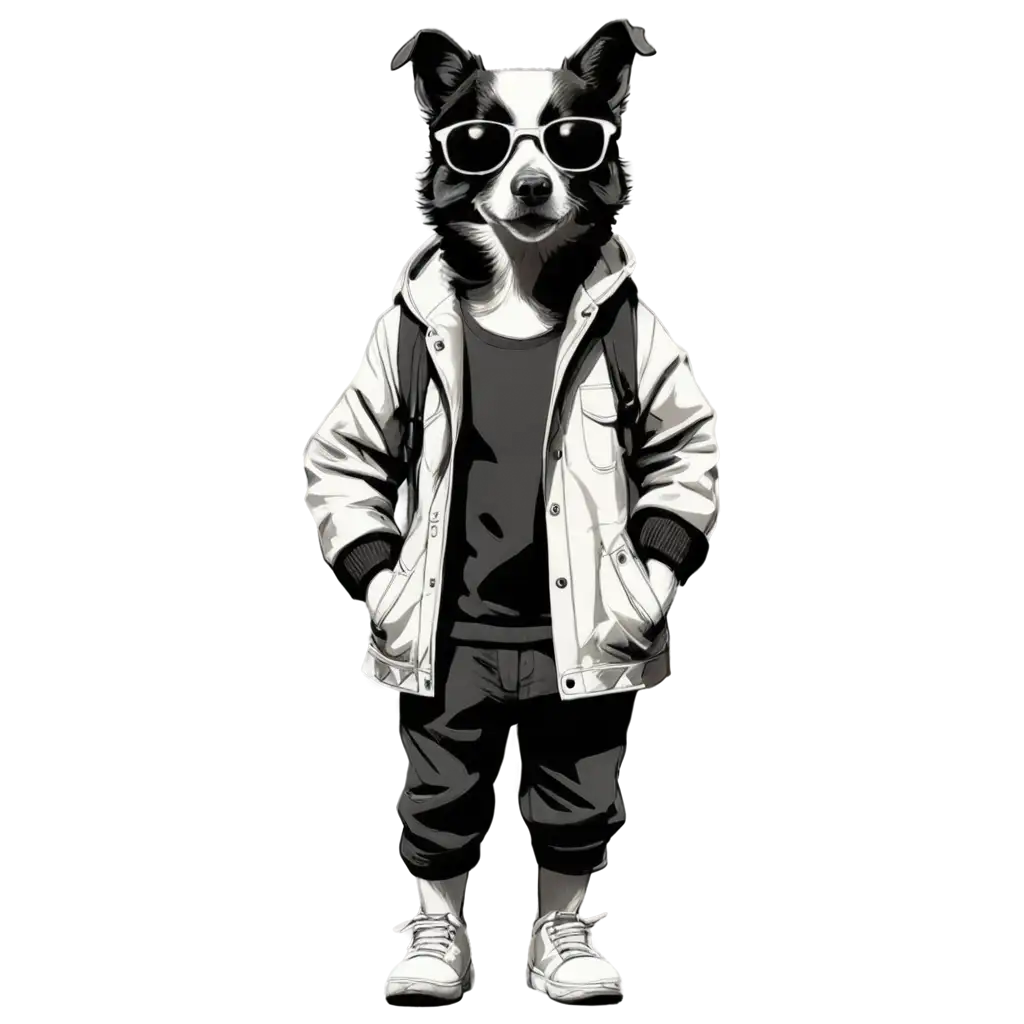 Stylish-Black-and-White-Dog-PNG-Image-with-Jacket-Shorts-and-Sunglasses