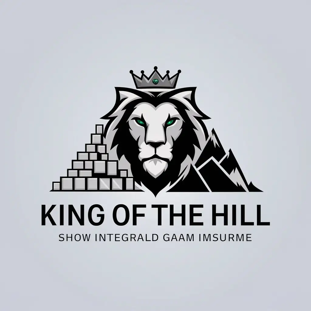 LOGO-Design-For-King-of-the-Hill-Lion-Head-with-Crown-in-Cubic-Blocks-on-Mountain