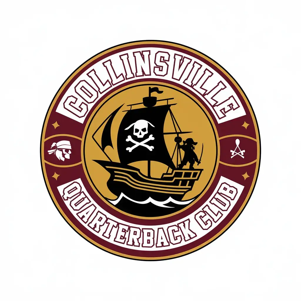 LOGO Design for Collinsville Pirates Quarterback Club Circular Sports Logo with Pirate Ship Skull and Crossbones and Sword Theme