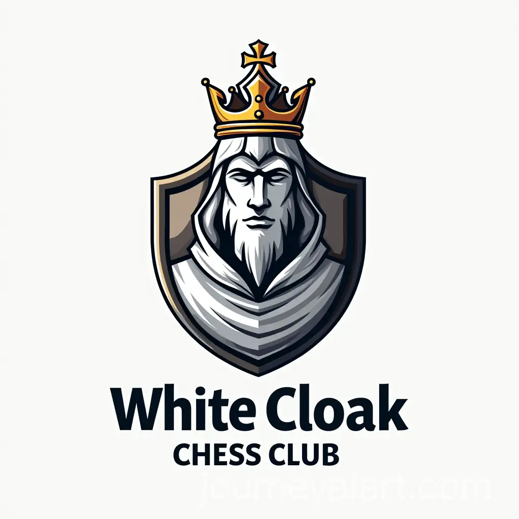 Chess-King-Logo-with-Crown-White-Cloak-Shield-and-Motto-for-White-Cloak-Chess-Club