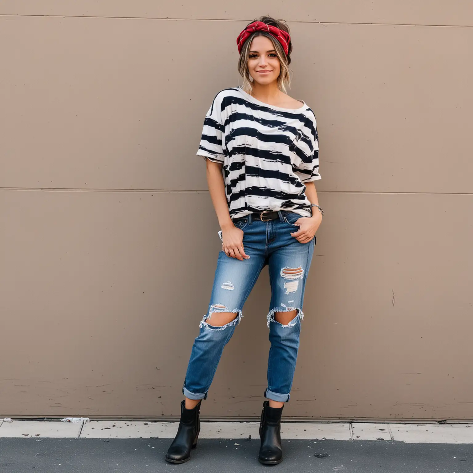 Young Woman in Stylish Oversized Striped Tee and Ripped Jeans with Boots and Headband